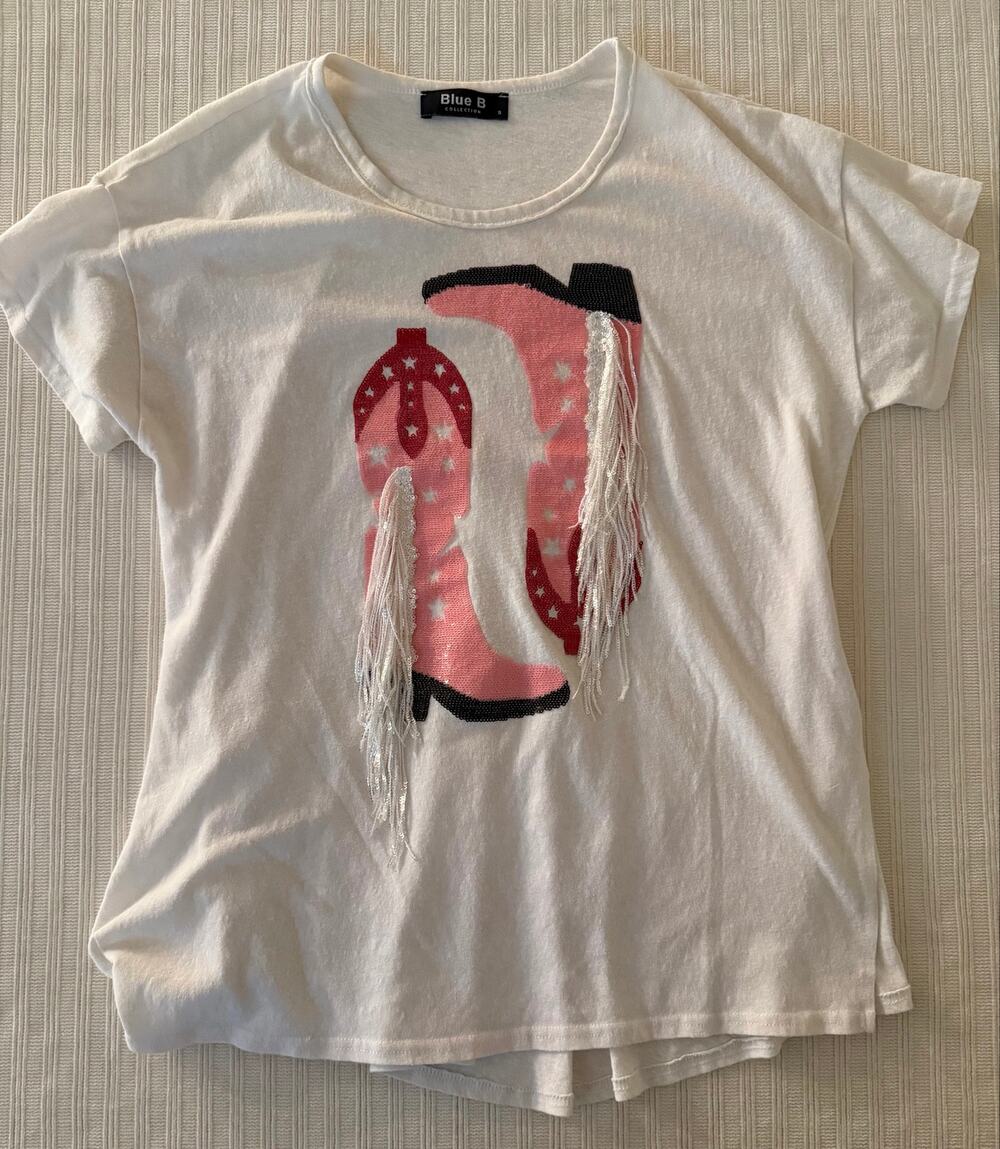 Blue B Collection 100% Linen Sequin Cowboy Boot Fringe Top Tee Cream Women's S